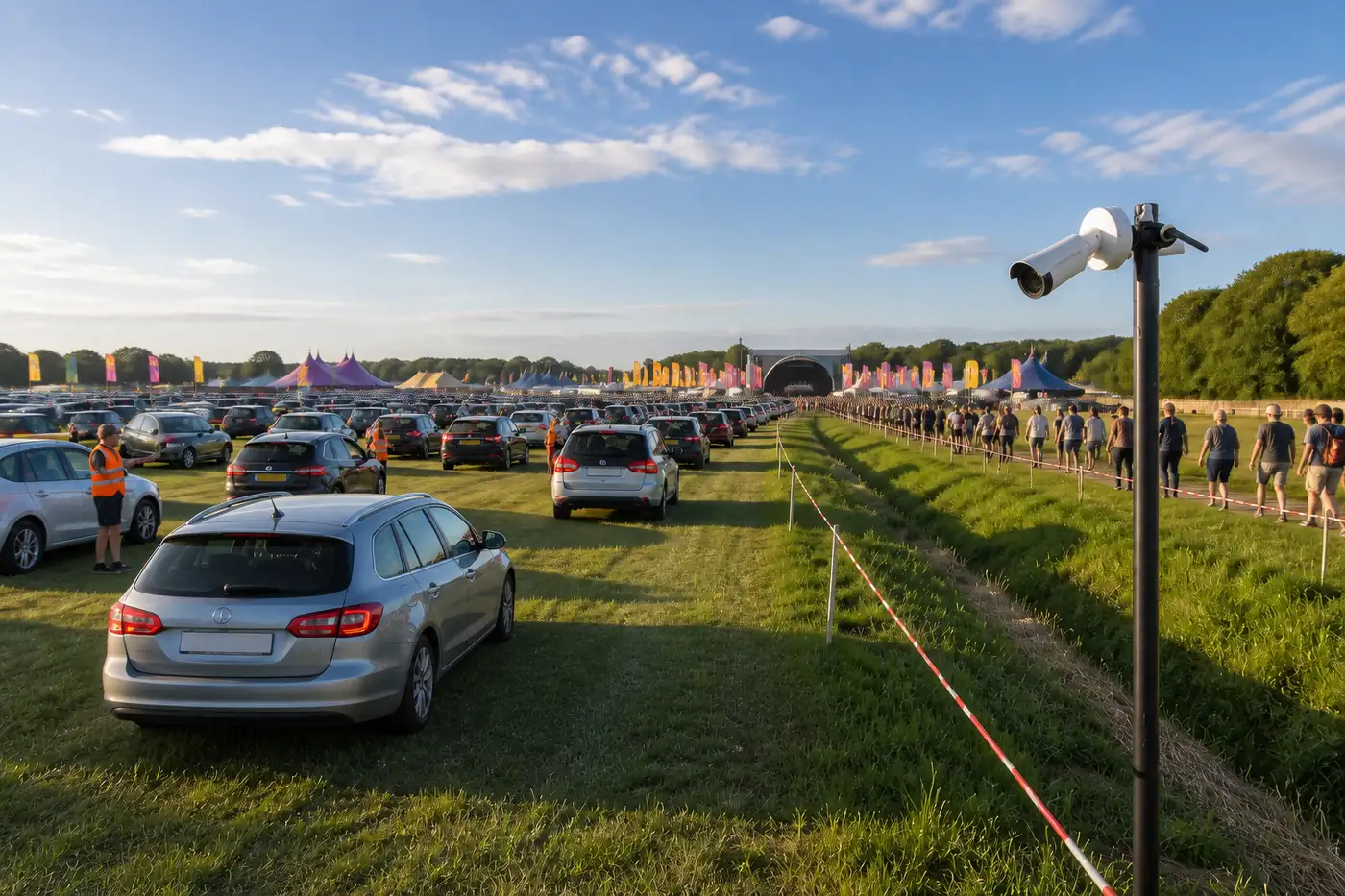 Kennzeichenbasierte Fahrzeugerfassung an der Zufahrt eines Festivalparkplatzes mit Kamera am Mast